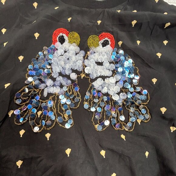 Women's Long Flutter Sleeve Pullover Sheer Blouse Top Sequin Beads Black Stretch - Picture 3 of 8